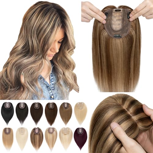 SEGO Hair Toppers for Women Real Human Hair No Bangs, 130% Density 10 * 12CM Silk Base Remy Clip in Top Wiglet Hairpieces Add Volume-6 Inch 4P27 Medium Brown&Dark Blonde - Image 1