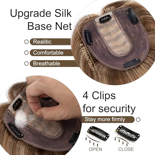 SEGO Hair Toppers for Women Real Human Hair No Bangs, 130% Density 10 * 12CM Silk Base Remy Clip in Top Wiglet Hairpieces Add Volume-6 Inch 4P27 Medium Brown&Dark Blonde - Image 4