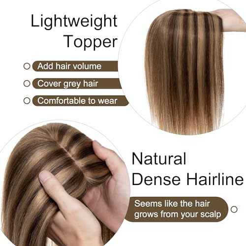 SEGO Hair Toppers for Women Real Human Hair No Bangs, 130% Density 10 * 12CM Silk Base Remy Clip in Top Wiglet Hairpieces Add Volume-6 Inch 4P27 Medium Brown&Dark Blonde - Image 3
