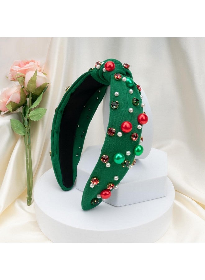 TULOBI Christmas Headband For Women Xmas Crystal Pearl Headbands Wide Top Knot Hair Bands Christmas Holiday Outfits Gifts Hair Accessories - Green - Image 3