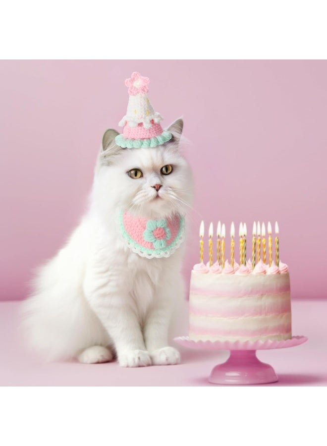 SYOSI Cute Cat Birthday Costume, Knit Cat Birthday Hat & Bandana Set, Adjustable Bib & Soft Kitten Headwear for Cats, Puppies, Small Dogs, Animal Birthday Celebration Accessories (2 PCS, Pink) - Image 5