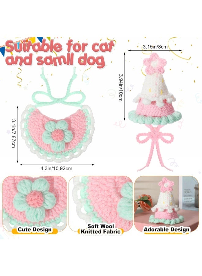 SYOSI Cute Cat Birthday Costume, Knit Cat Birthday Hat & Bandana Set, Adjustable Bib & Soft Kitten Headwear for Cats, Puppies, Small Dogs, Animal Birthday Celebration Accessories (2 PCS, Pink) - Image 3