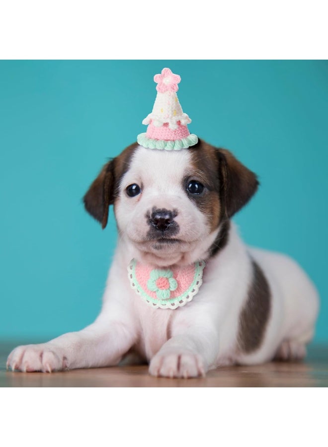 SYOSI Cute Cat Birthday Costume, Knit Cat Birthday Hat & Bandana Set, Adjustable Bib & Soft Kitten Headwear for Cats, Puppies, Small Dogs, Animal Birthday Celebration Accessories (2 PCS, Pink) - Image 4