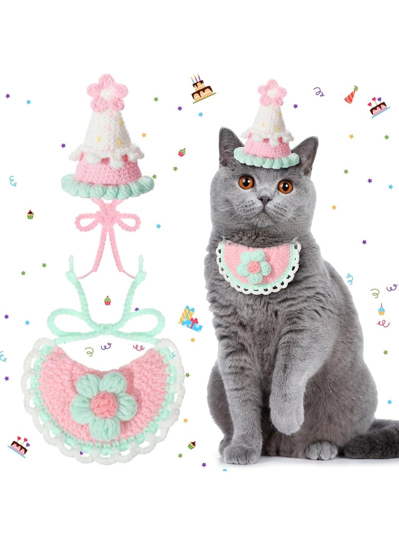 SYOSI Cute Cat Birthday Costume, Knit Cat Birthday Hat & Bandana Set, Adjustable Bib & Soft Kitten Headwear for Cats, Puppies, Small Dogs, Animal Birthday Celebration Accessories (2 PCS, Pink) - Image 1