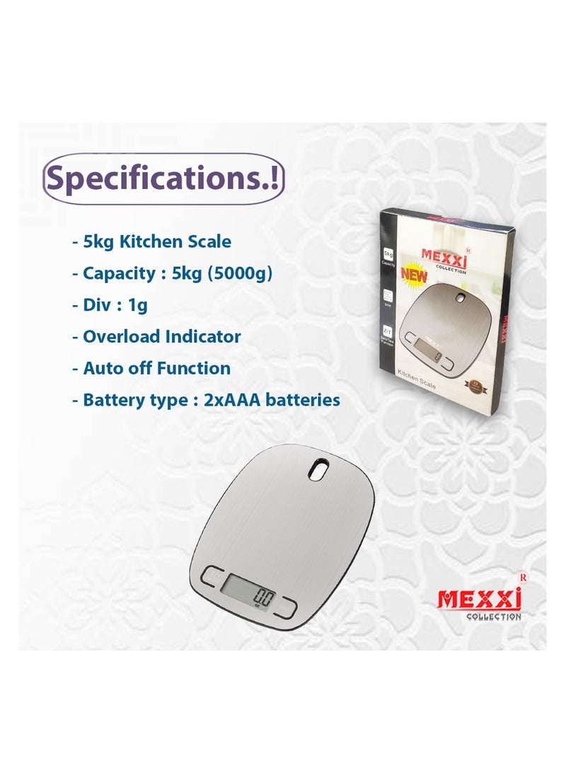 MEXXI Stainless Steel Kitchen Scale, 5kg - Professional Baking & Cooking Scale with Overload Indicator & Auto-Off - Image 4