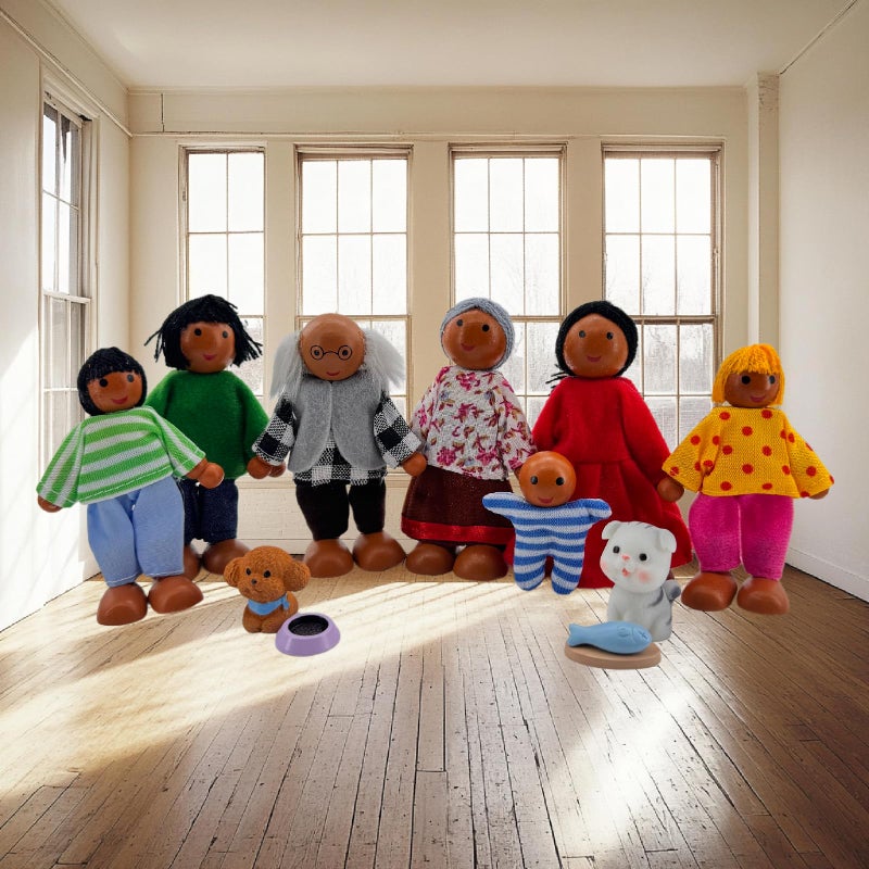 HYSTYLE 12 Pieces Wooden Dollhouse Family Set with Dog Cat Mini People Figures Dollhouse Dolls Wooden Doll Family Pretend Play Figures Accessories for Pretend Dollhouse (Style 3) - Image 2