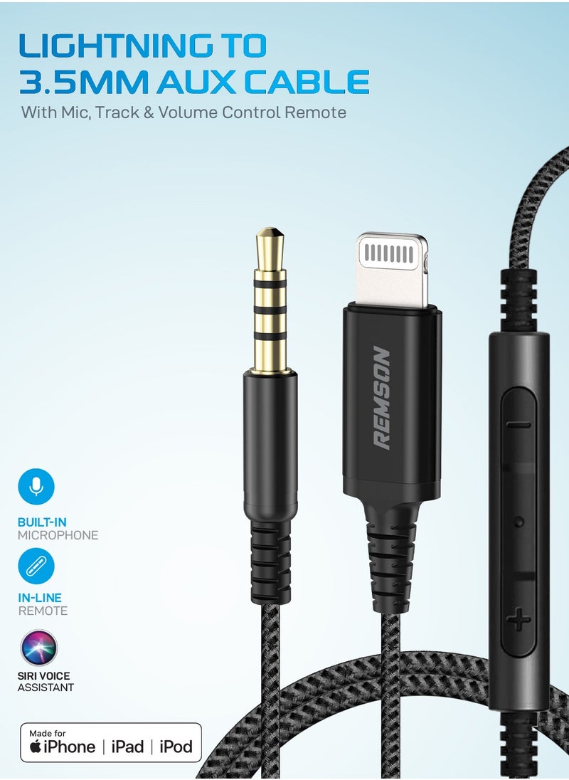 Remson - Apple MFi Certified Remson Lightning to 3.5 mm AUX Cable 1.2M Home Car Stereo Speaker Headphone Jack Adapter Audio Cable for iPhone 14 13 12 11 XS XR X 8 7 6 iPad  Black - Image 1