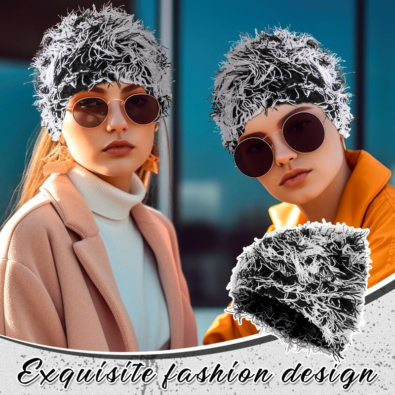 Chuarry Distressed Knitted Beanie Fuzzy Winter Hats Thick Warm Y2k Beanie Snow Knit Cap Skull for Women Men(Assorted Black White,Regular Style) - Image 5