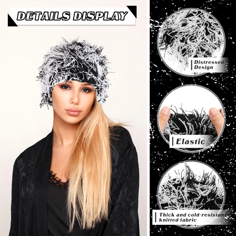 Chuarry Distressed Knitted Beanie Fuzzy Winter Hats Thick Warm Y2k Beanie Snow Knit Cap Skull for Women Men(Assorted Black White,Regular Style) - Image 3