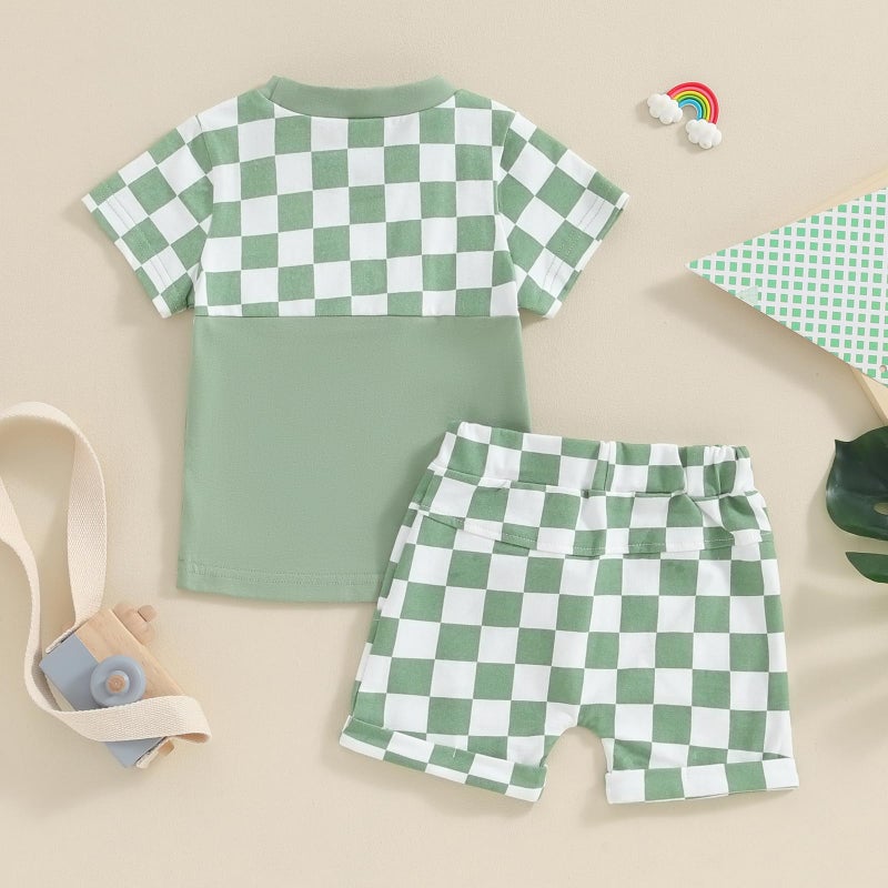 allshope Toddler Baby Boy Summer Outfit Short Sleeve T Shirt Top Casual Shorts Set Infant Newborn Clothes 6 12 18 24 Month 2T (Checkerboard Green, 18-24 Months) - Image 3