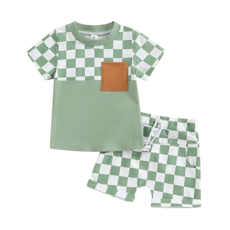 allshope Toddler Baby Boy Summer Outfit Short Sleeve T Shirt Top Casual Shorts Set Infant Newborn Clothes 6 12 18 24 Month 2T (Checkerboard Green, 18-24 Months) - Image 1