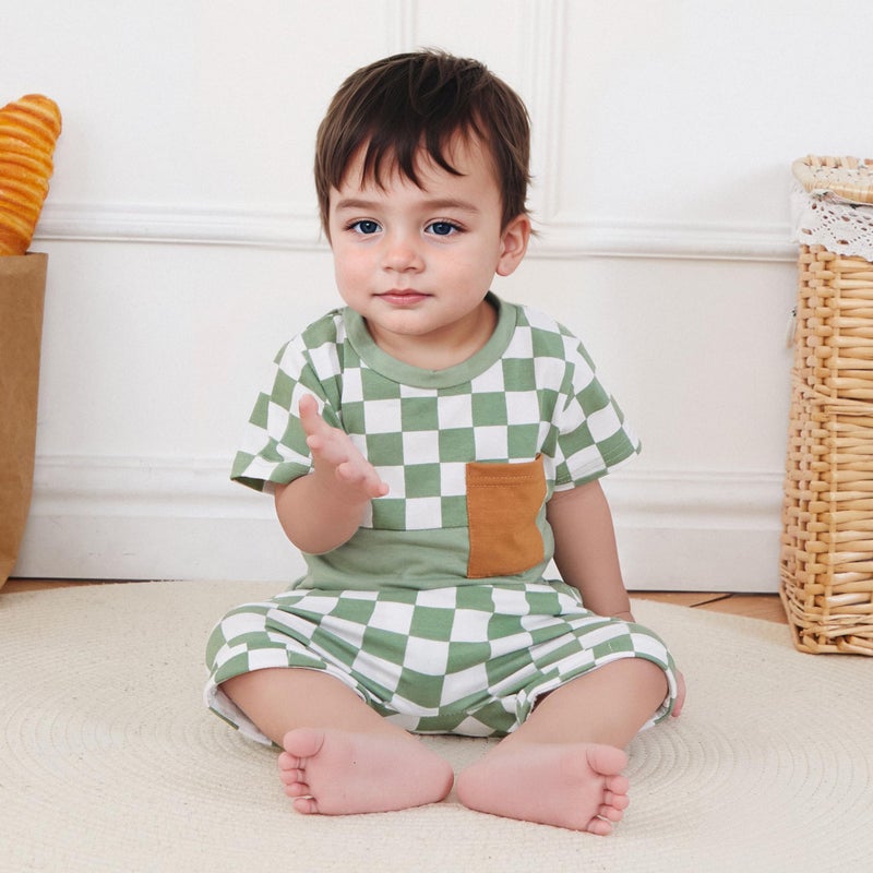 allshope Toddler Baby Boy Summer Outfit Short Sleeve T Shirt Top Casual Shorts Set Infant Newborn Clothes 6 12 18 24 Month 2T (Checkerboard Green, 18-24 Months) - Image 2