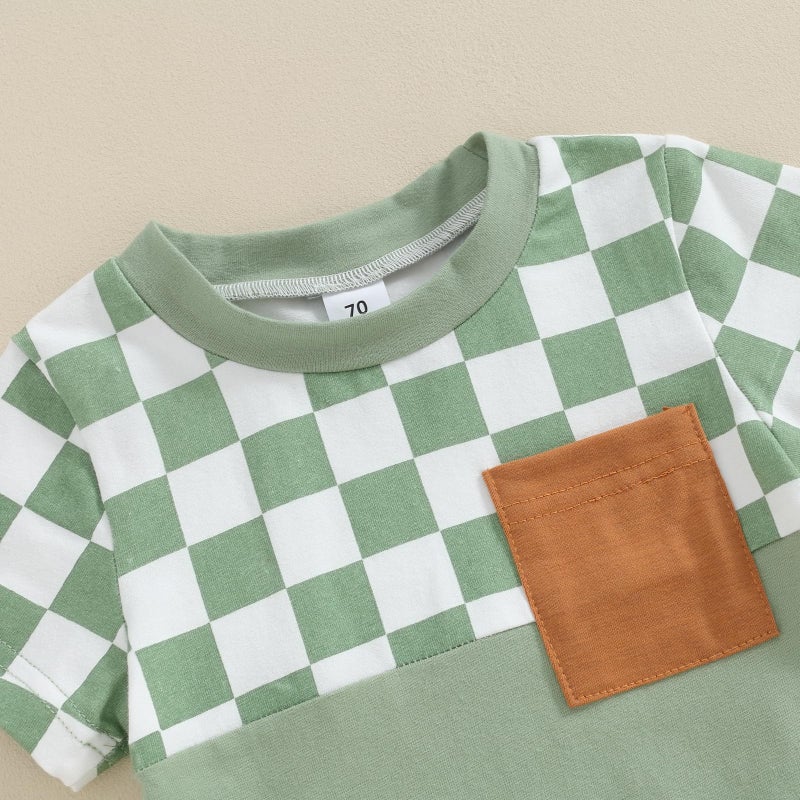 allshope Toddler Baby Boy Summer Outfit Short Sleeve T Shirt Top Casual Shorts Set Infant Newborn Clothes 6 12 18 24 Month 2T (Checkerboard Green, 18-24 Months) - Image 4