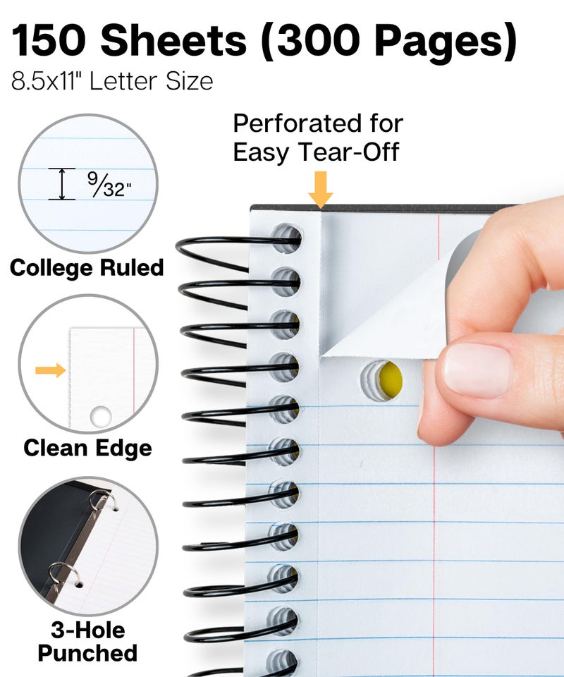 Dunwell 3-Subject Notebook College Ruled 8.5 x 11 (Black), 150 Sheets (300 Pages), Spiral Notebook 8.5x11 with Tabs, Movable Dividers, Storage Pockets, Protective Plastic Covers - Image 3