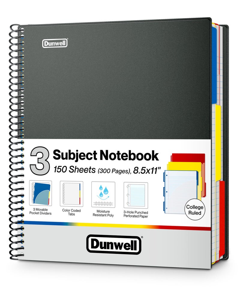 Dunwell 3-Subject Notebook College Ruled 8.5 x 11 (Black), 150 Sheets (300 Pages), Spiral Notebook 8.5x11 with Tabs, Movable Dividers, Storage Pockets, Protective Plastic Covers - Image 1