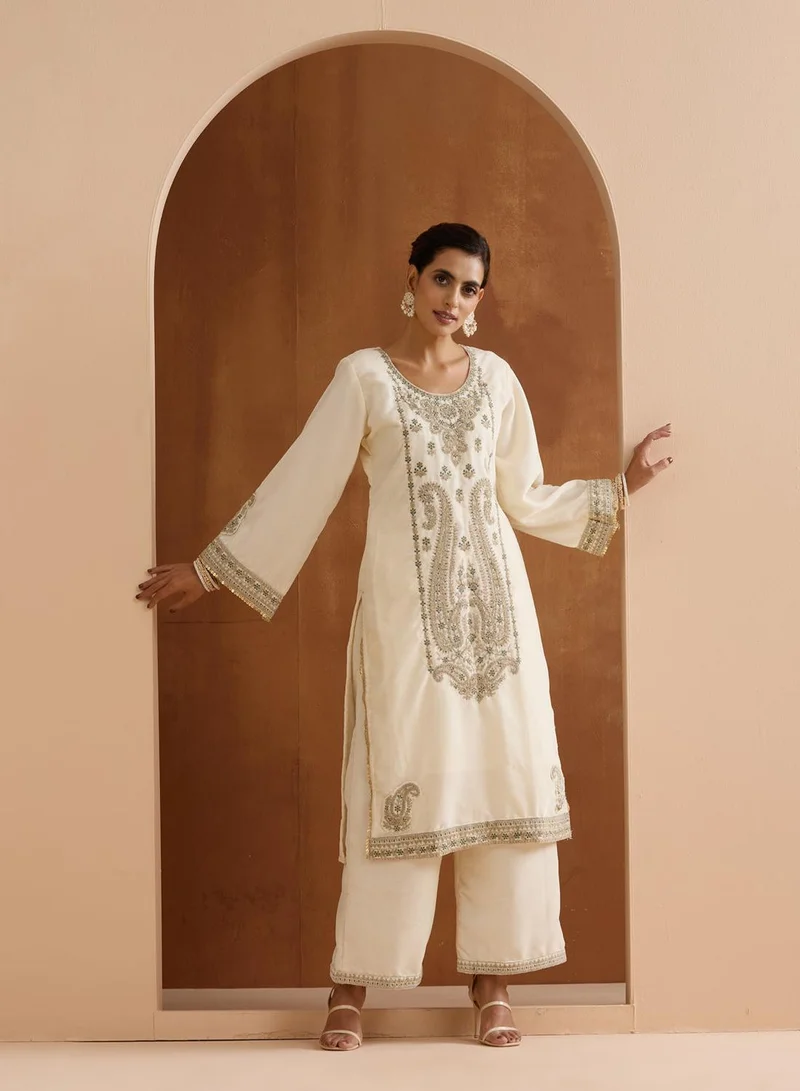 ISHIN Women's Off White Velvet Embroidered Tunic Full Length Palazzo Straight Fit Kurta Set
