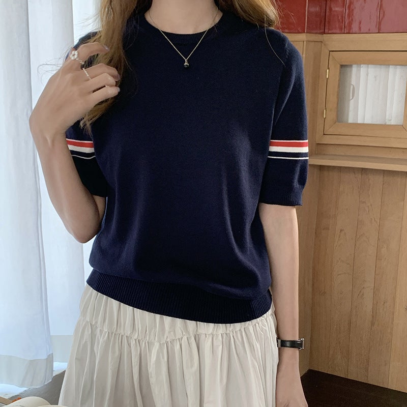 Summer Thin Wool Knitted Slimming Look Loose Round Neck Short-Sleeved T-Shirt Top - Image 5