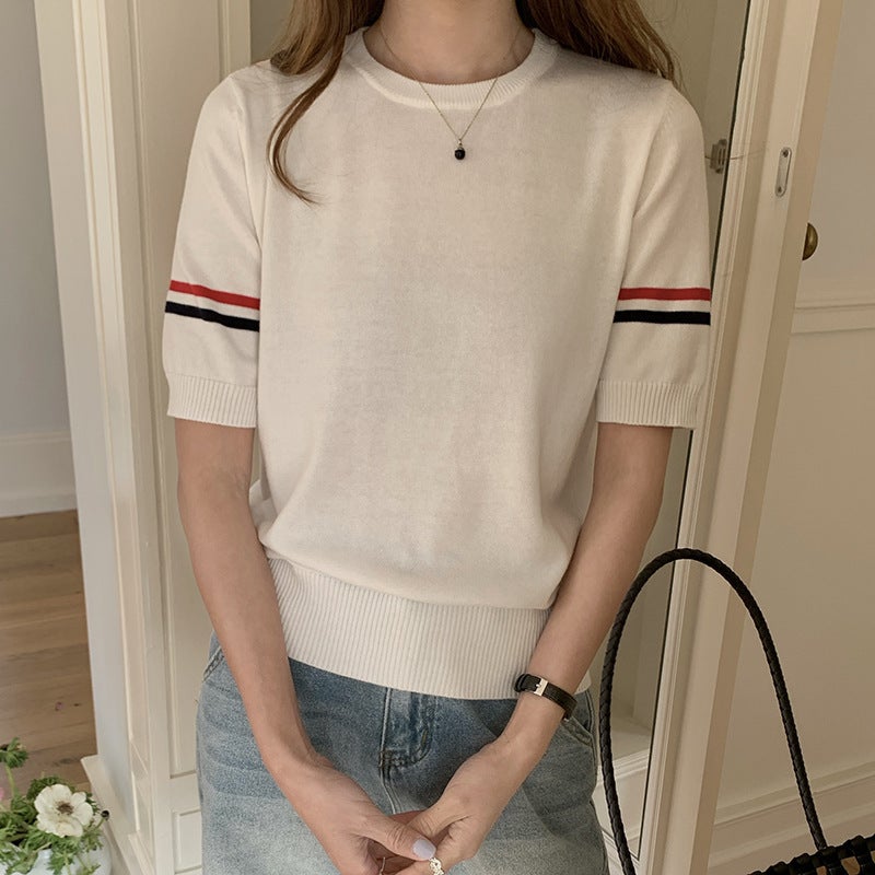 Summer Thin Wool Knitted Slimming Look Loose Round Neck Short-Sleeved T-Shirt Top - Image 1