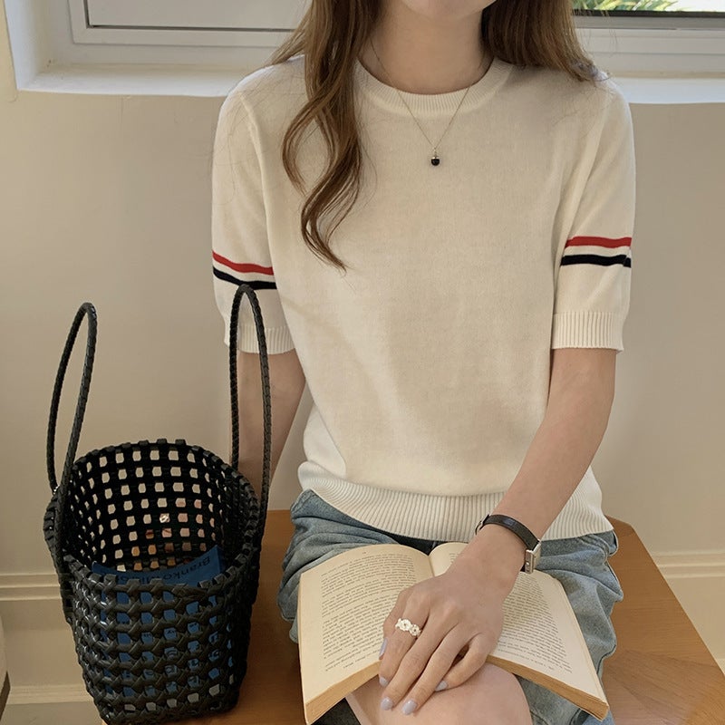 Summer Thin Wool Knitted Slimming Look Loose Round Neck Short-Sleeved T-Shirt Top - Image 2