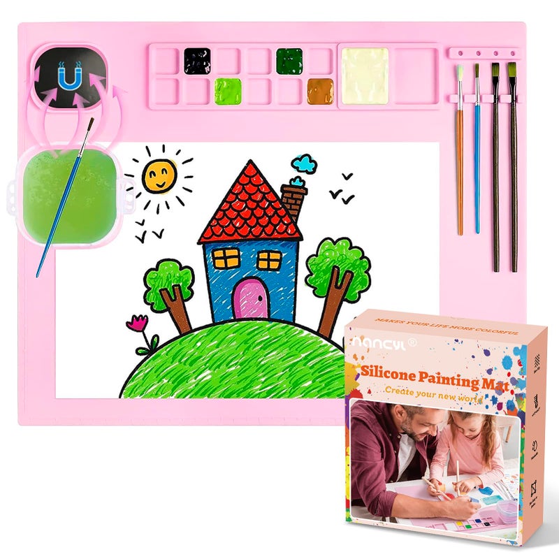 Silicone Painting Mat Art Mat with Cup Craft Paint Brush Cleaner Tool Artist for Kids Gift Clay DIY Creations Christmas Gifts Box Pink