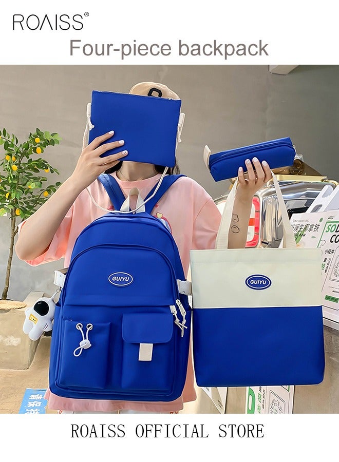 roaiss 4 Pcs Letter Graphic Colorblock Backpack Set Sweet Large Capacity School Bag Bookbag Shoulder Totes Pencil Case for Kids Girls Middle School Students White/Navy Blue - Image 1