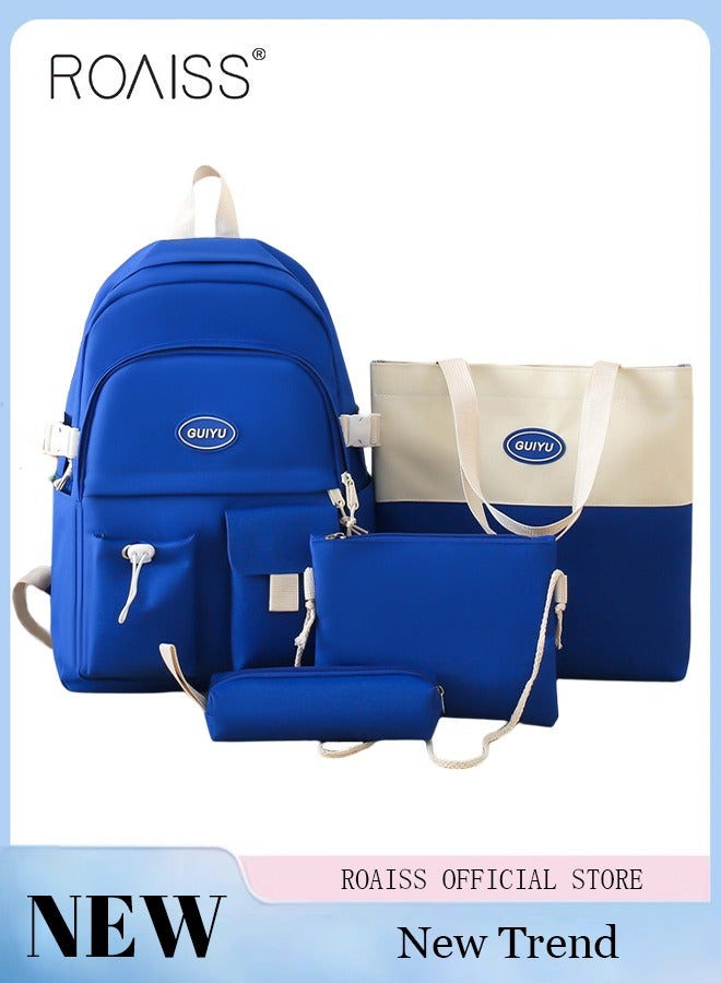 roaiss 4 Pcs Letter Graphic Colorblock Backpack Set Sweet Large Capacity School Bag Bookbag Shoulder Totes Pencil Case for Kids Girls Middle School Students White/Navy Blue - Image 2
