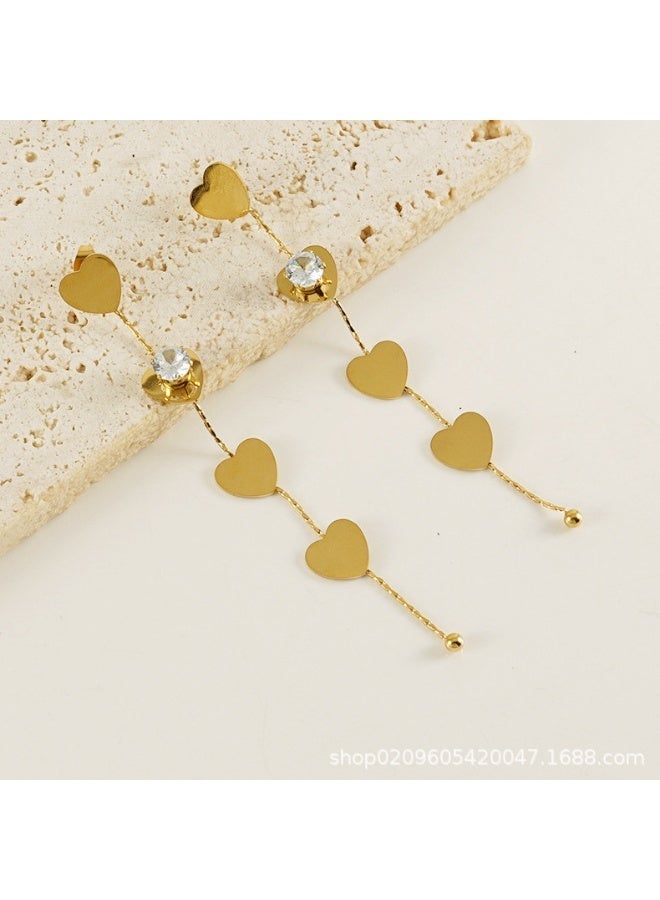 AMETOER Women's Long Tassel Earrings | Trendy Stainless Steel 18K Gold-Plated Heart Zirconia Studs - Image 4