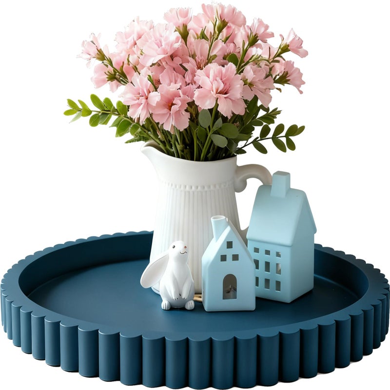 KULEDM Handmade 12in Decorative Tray for Coffee Table Tray Decor, Blue Wooden Decorative Round Tray for Kitchen, Living Room, Home Decor - Image 1