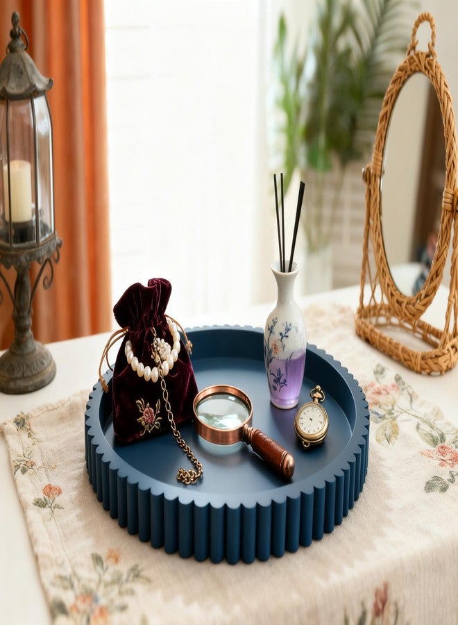 KULEDM Handmade 12in Decorative Tray for Coffee Table Tray Decor, Blue Wooden Decorative Round Tray for Kitchen, Living Room, Home Decor - Image 4
