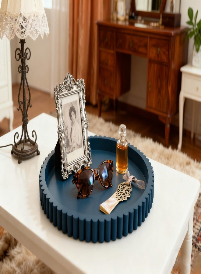 KULEDM Handmade 12in Decorative Tray for Coffee Table Tray Decor, Blue Wooden Decorative Round Tray for Kitchen, Living Room, Home Decor - Image 5