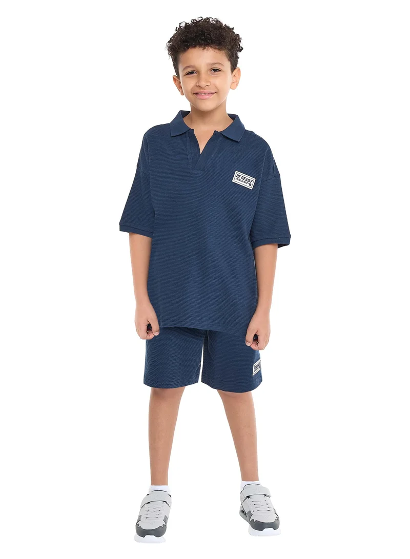 victor and jane Boys' Jacquard Set – Navy 2-Piece Outfit with Pockets, Polo T-Shirt and Shorts
