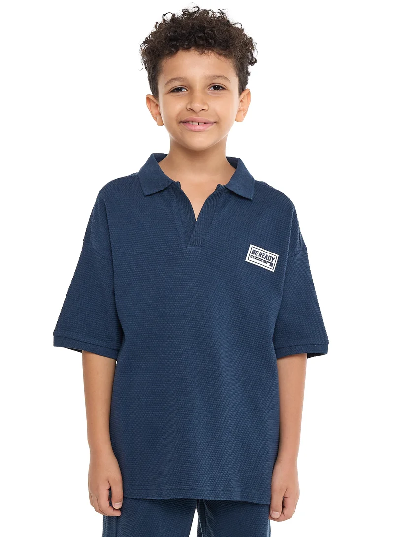 victor and jane Boys' Jacquard Set – Navy 2-Piece Outfit with Pockets, Polo T-Shirt and Shorts