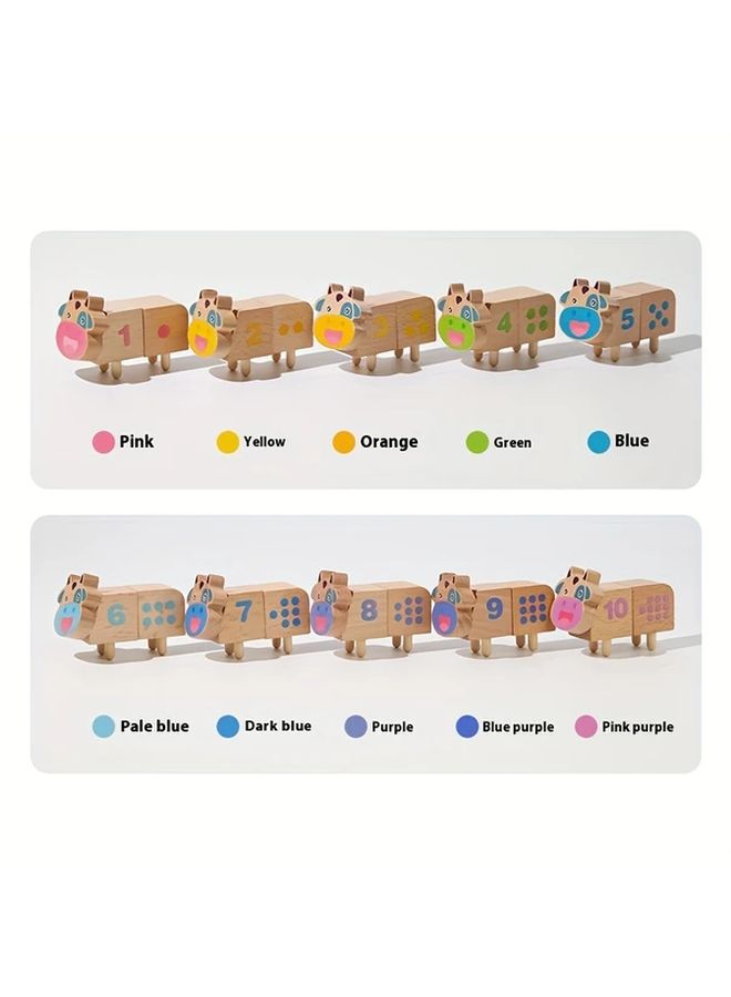 Youngsters Wooden Cow Number Matching Puzzle Blocks Math And Color Sorting Cognitive Development Educational Toy Birthday Gift Family Game - Image 3