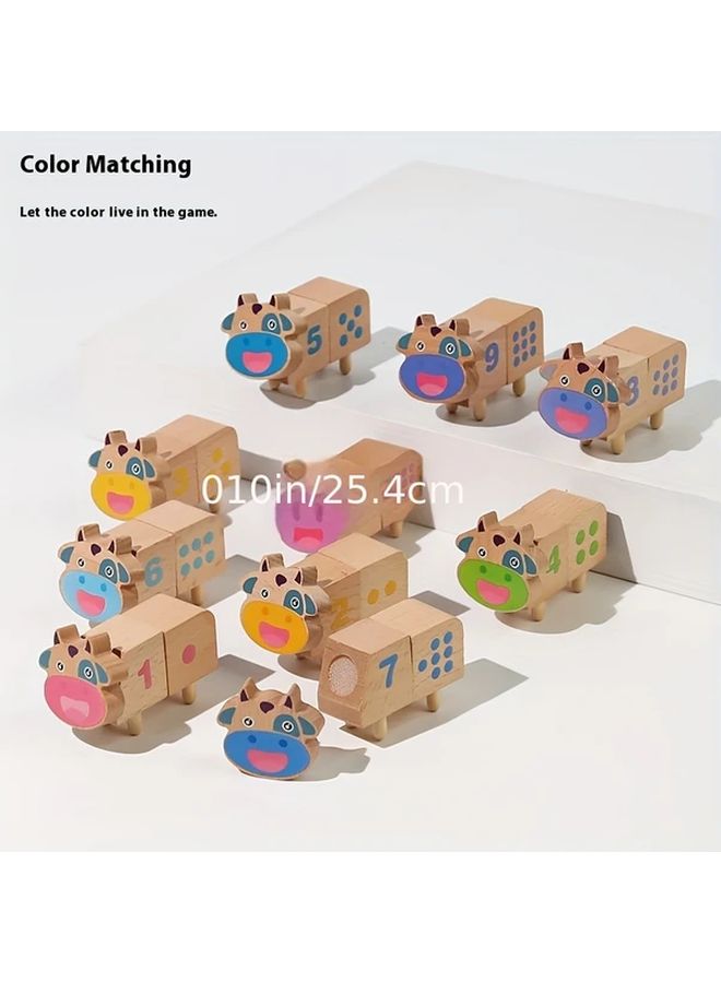 Youngsters Wooden Cow Number Matching Puzzle Blocks Math And Color Sorting Cognitive Development Educational Toy Birthday Gift Family Game - Image 5