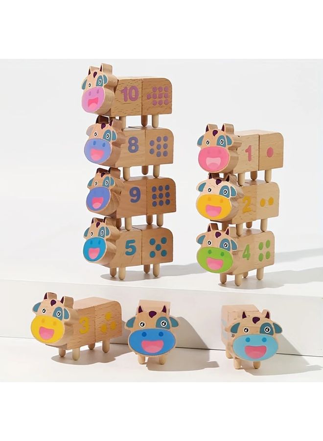 Youngsters Wooden Cow Number Matching Puzzle Blocks Math And Color Sorting Cognitive Development Educational Toy Birthday Gift Family Game - Image 1