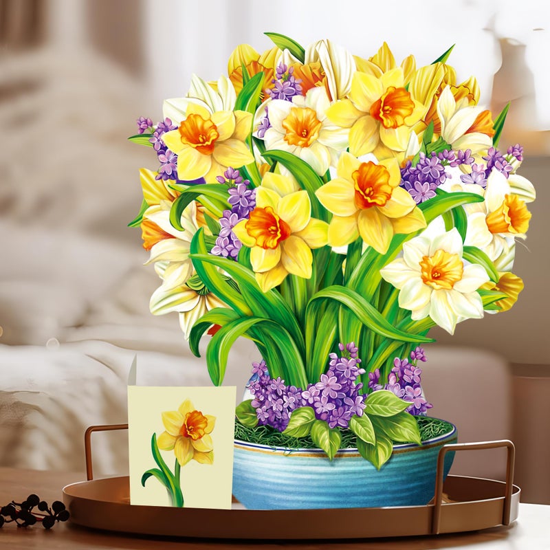 Airpark Pop Up Flower Card, 3D Paper Flowers Bouquet, Birthday, Thank You, Get Well Spring Greeting Cards with Note Card & Envelope, Daffodils & Lilacs - Image 2