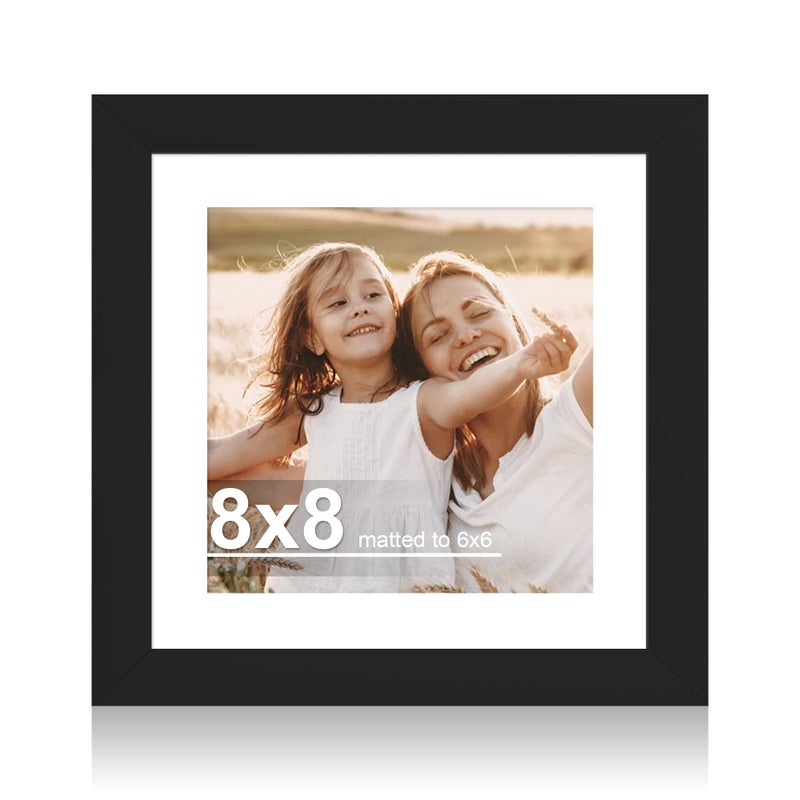 Hongkee 8x8 Picture Frame with Glass, Display Pictures 6x6 with Mat or 8 x 8 without Mat - Wall and Tabletop, 8 by 8 Photo Wooden Frames (Black, 1 Pack) - Image 1