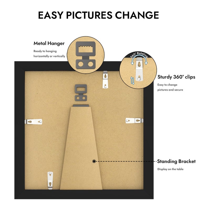 Hongkee 8x8 Picture Frame with Glass, Display Pictures 6x6 with Mat or 8 x 8 without Mat - Wall and Tabletop, 8 by 8 Photo Wooden Frames (Black, 1 Pack) - Image 4