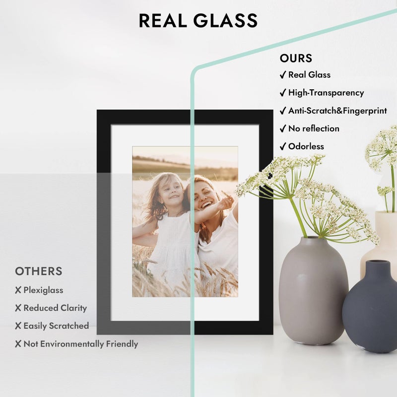 Hongkee 8x8 Picture Frame with Glass, Display Pictures 6x6 with Mat or 8 x 8 without Mat - Wall and Tabletop, 8 by 8 Photo Wooden Frames (Black, 1 Pack) - Image 3