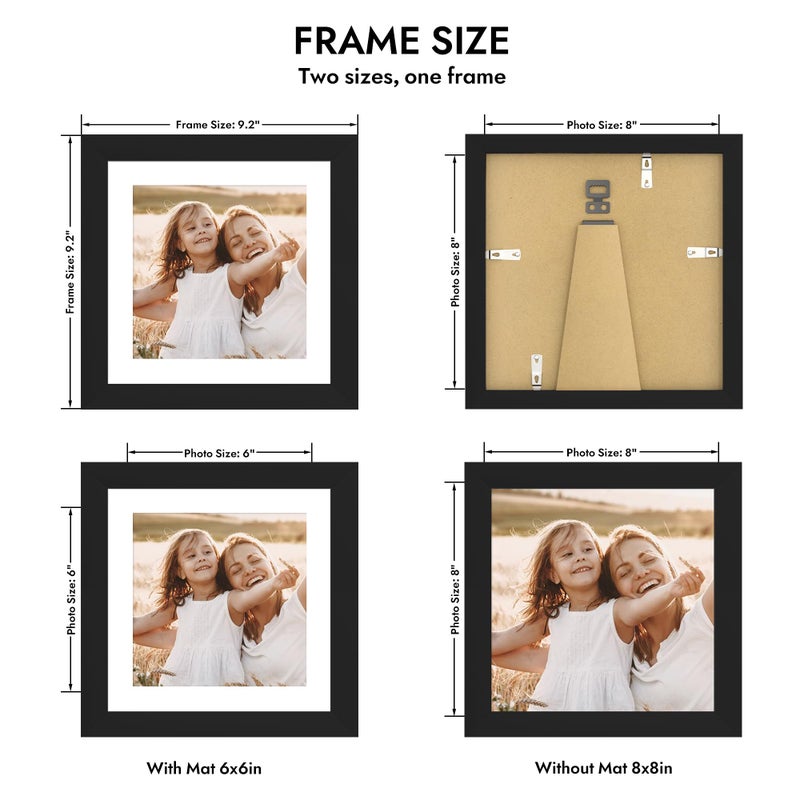 Hongkee 8x8 Picture Frame with Glass, Display Pictures 6x6 with Mat or 8 x 8 without Mat - Wall and Tabletop, 8 by 8 Photo Wooden Frames (Black, 1 Pack) - Image 2