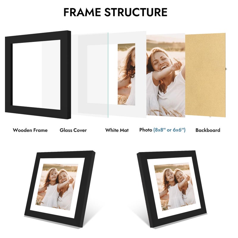 Hongkee 8x8 Picture Frame with Glass, Display Pictures 6x6 with Mat or 8 x 8 without Mat - Wall and Tabletop, 8 by 8 Photo Wooden Frames (Black, 1 Pack) - Image 5