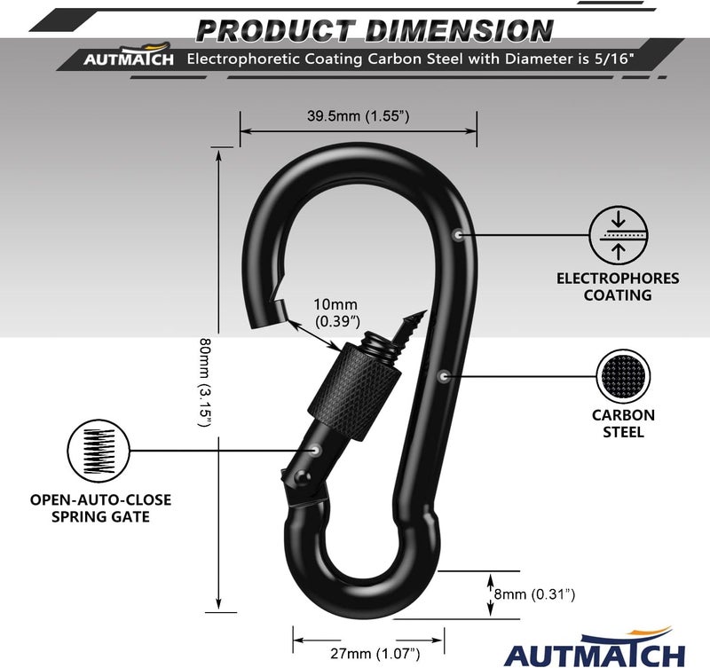 AUTMATCH Carabiner Clips, 3" Spring Snap Hook Caribeener Clips Buckle Heavy Duty Locking Carabiners Chain Quick Links, 4 Pack - Image 4