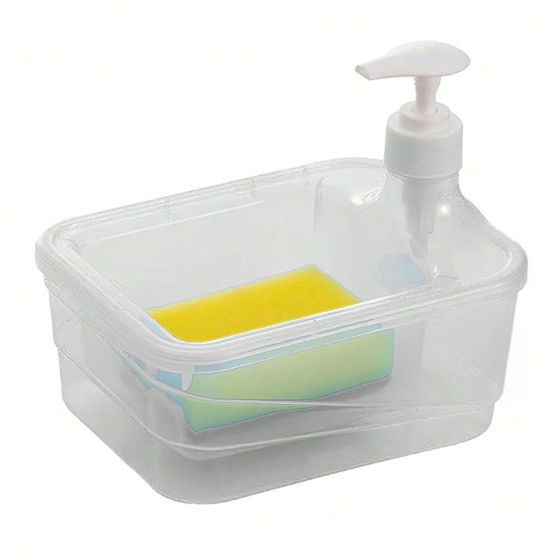 SHOPECOM شوبكوم موزع صابون سائل 2 في 1 مربع مع حامل إسفنجة لغسل الصحون موزع صابون 2 في 1 على سطح الطاولة في المنزل، حوض الغسيل، تخزين وتنظيم سطح الحمام (1 قطعة) - Image 1