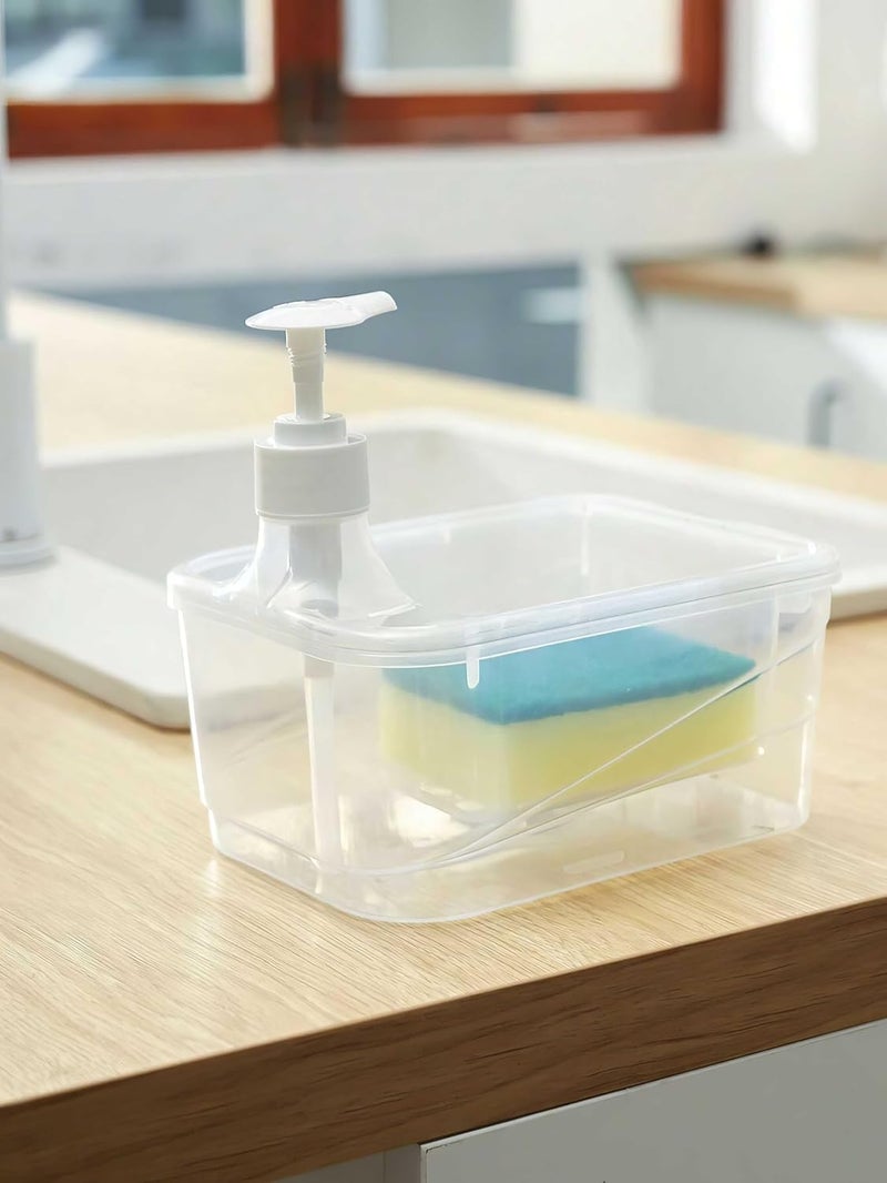 SHOPECOM شوبكوم موزع صابون سائل 2 في 1 مربع مع حامل إسفنجة لغسل الصحون موزع صابون 2 في 1 على سطح الطاولة في المنزل، حوض الغسيل، تخزين وتنظيم سطح الحمام (1 قطعة) - Image 4