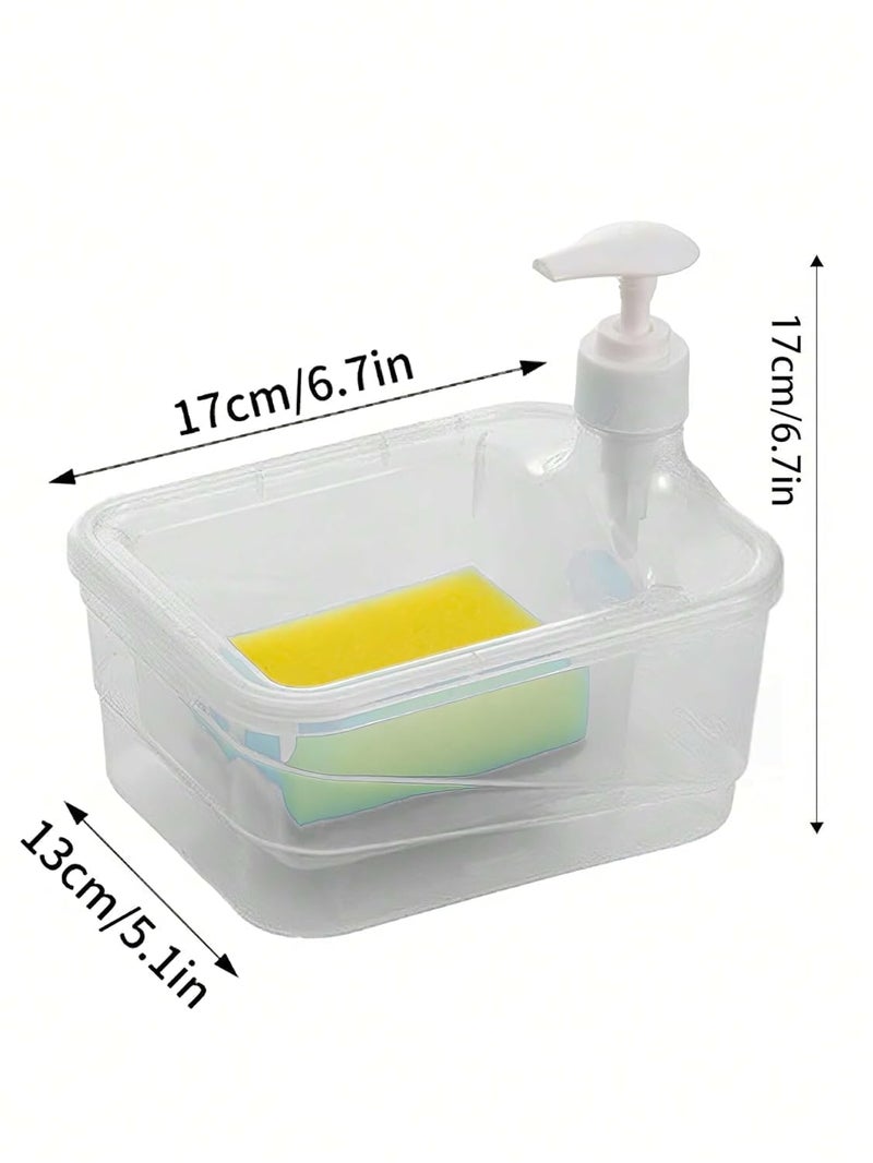 SHOPECOM شوبكوم موزع صابون سائل 2 في 1 مربع مع حامل إسفنجة لغسل الصحون موزع صابون 2 في 1 على سطح الطاولة في المنزل، حوض الغسيل، تخزين وتنظيم سطح الحمام (1 قطعة) - Image 2