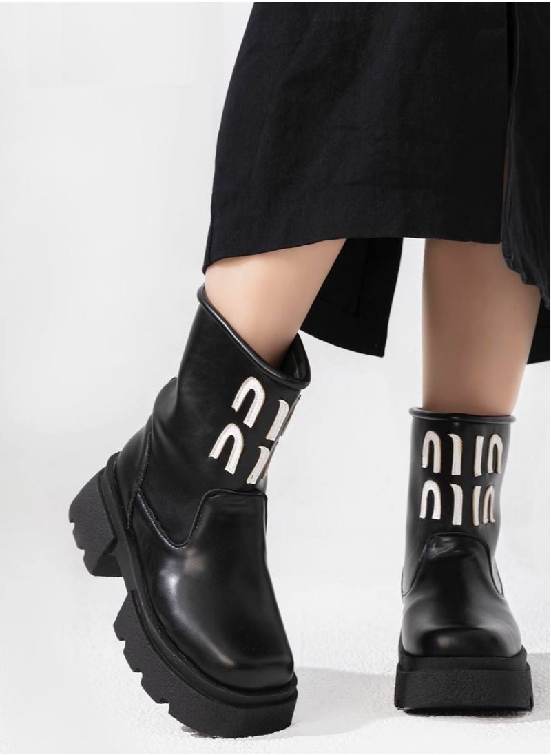 LIFESTYLISH Ankle Boots Leather with Print E-100 - Black 