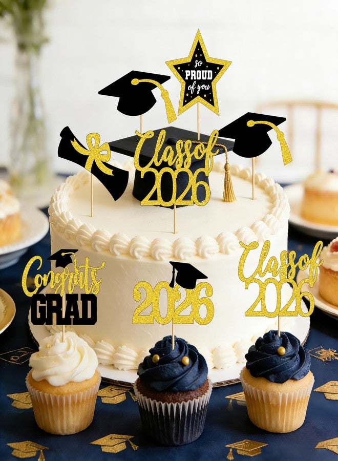 QZYL 48 PCS Graduation Cupcake Toppers, 6 Styles Congrats Grad Cake Topper, Black and Gold Graduation Decorations 2026, Glittery Cap and Diploma Cake Picks for Grad Party Decor Supplies - Image 4