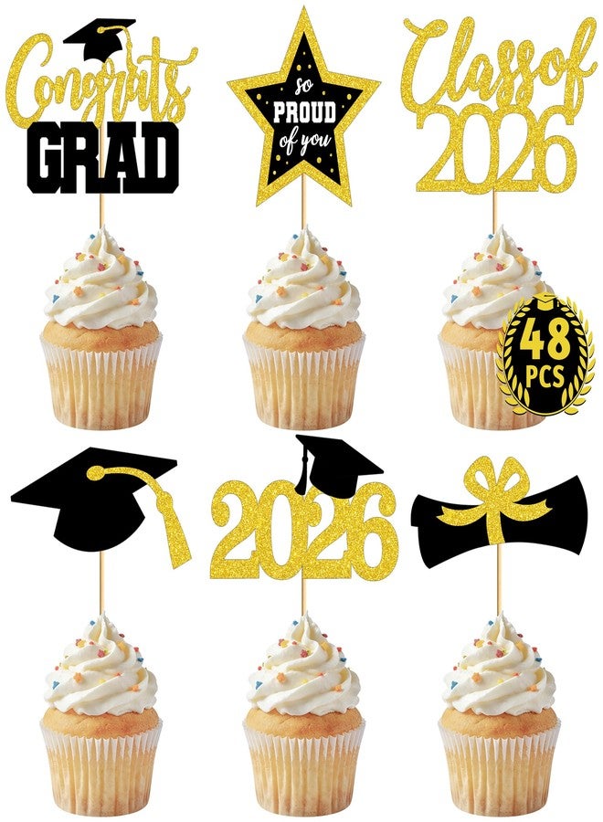 QZYL 48 PCS Graduation Cupcake Toppers, 6 Styles Congrats Grad Cake Topper, Black and Gold Graduation Decorations 2026, Glittery Cap and Diploma Cake Picks for Grad Party Decor Supplies - Image 1
