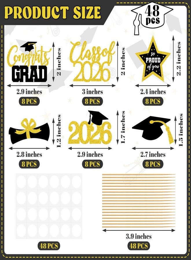 QZYL 48 PCS Graduation Cupcake Toppers, 6 Styles Congrats Grad Cake Topper, Black and Gold Graduation Decorations 2026, Glittery Cap and Diploma Cake Picks for Grad Party Decor Supplies - Image 2