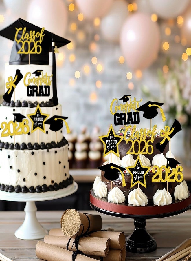 QZYL 48 PCS Graduation Cupcake Toppers, 6 Styles Congrats Grad Cake Topper, Black and Gold Graduation Decorations 2026, Glittery Cap and Diploma Cake Picks for Grad Party Decor Supplies - Image 5